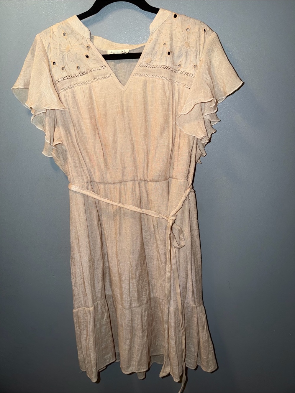 Floral Eyelet Midi Dress in Light Blush with Tie Waist